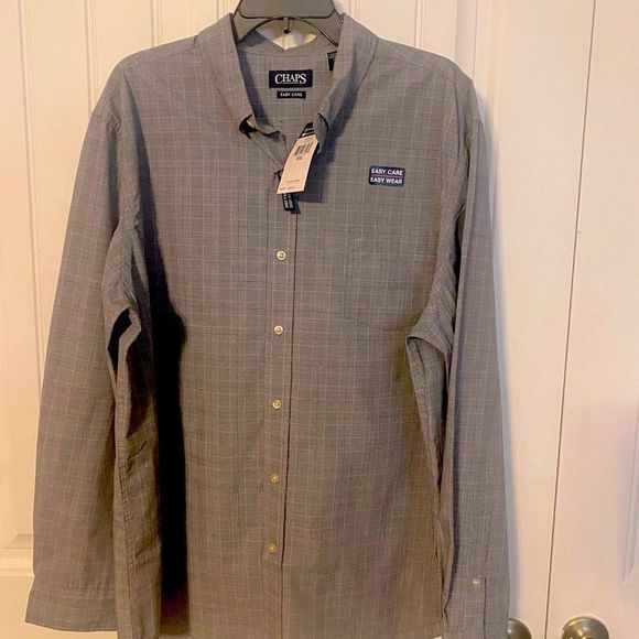 CHAPS Mens Mini Plaid Gray Black White Easy Care Button Down Long Slv Sz 2XL - Picture 4 of 16